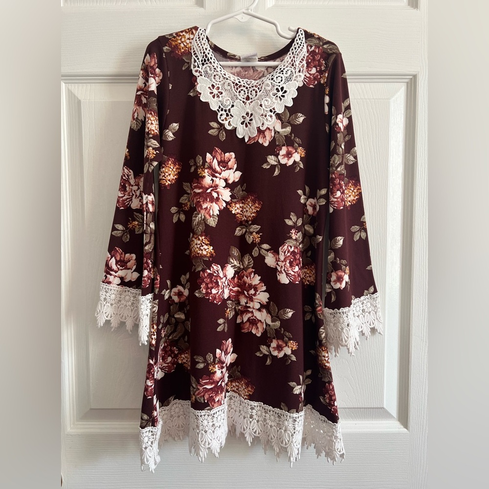 Floral Kids Dress with Lace Trim